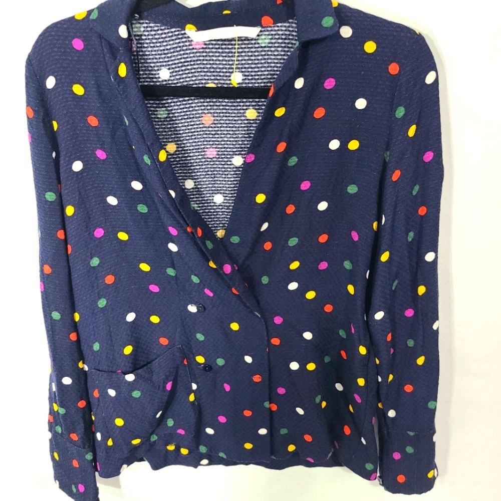 Zara Women's Size XS Navy Blue Blouse Blazer Multi‎ Colored Polka Dots Office